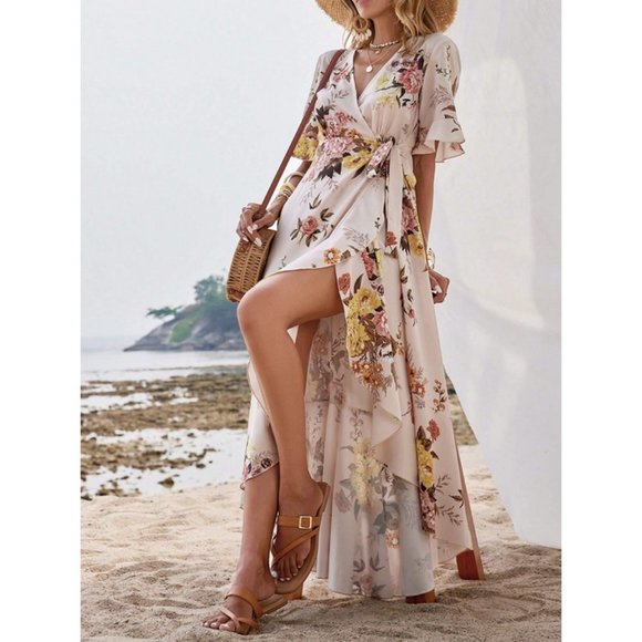 Boho Floral Flounce Sleeve Ruffle Trim Wrap Knot Side Dress - Picture 4 of 7